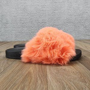 H2K Women's Size 10 Orange Faux Fur Slippers Slides‎ Slip On Flat Sandals Shoes